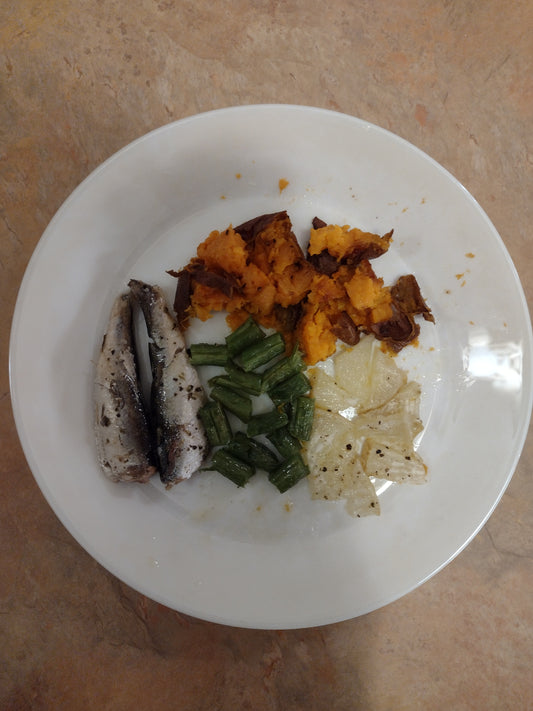 Healthy toddler meal, sardines, sweet potato, turnip, and green beans