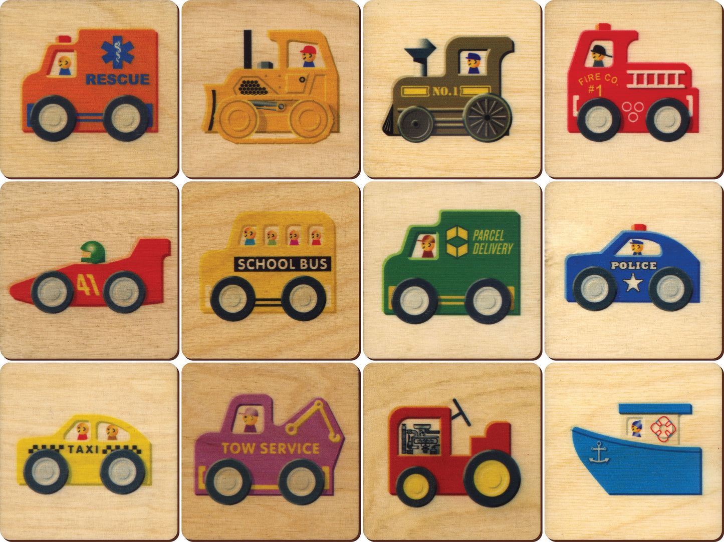 Vehicles Wooden Memory Tiles